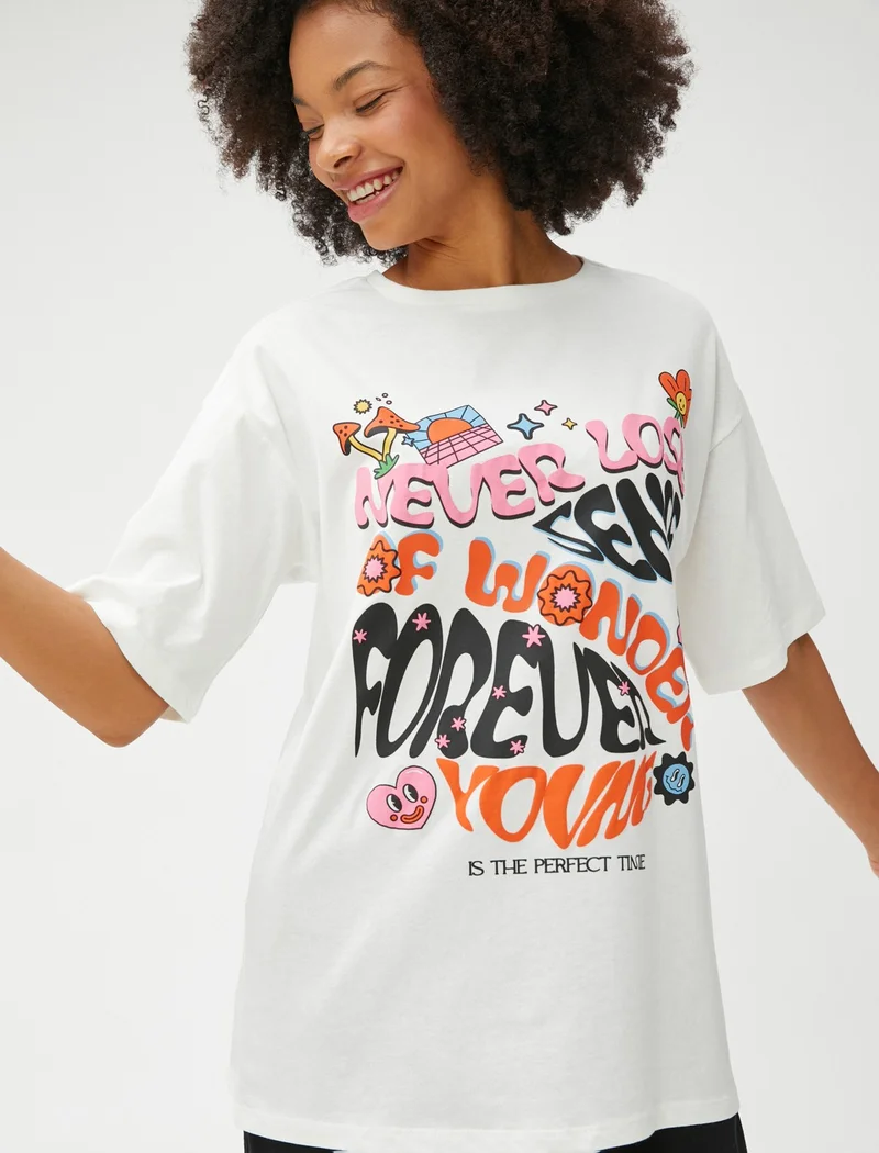 KOTON Cotton Printed T-Shirt Short Sleeve Crew Neck Cotton