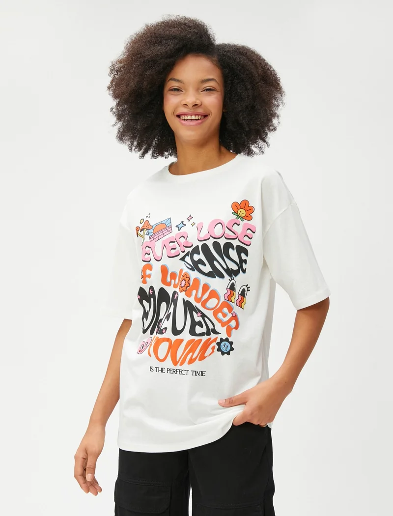 KOTON Cotton Printed T-Shirt Short Sleeve Crew Neck Cotton