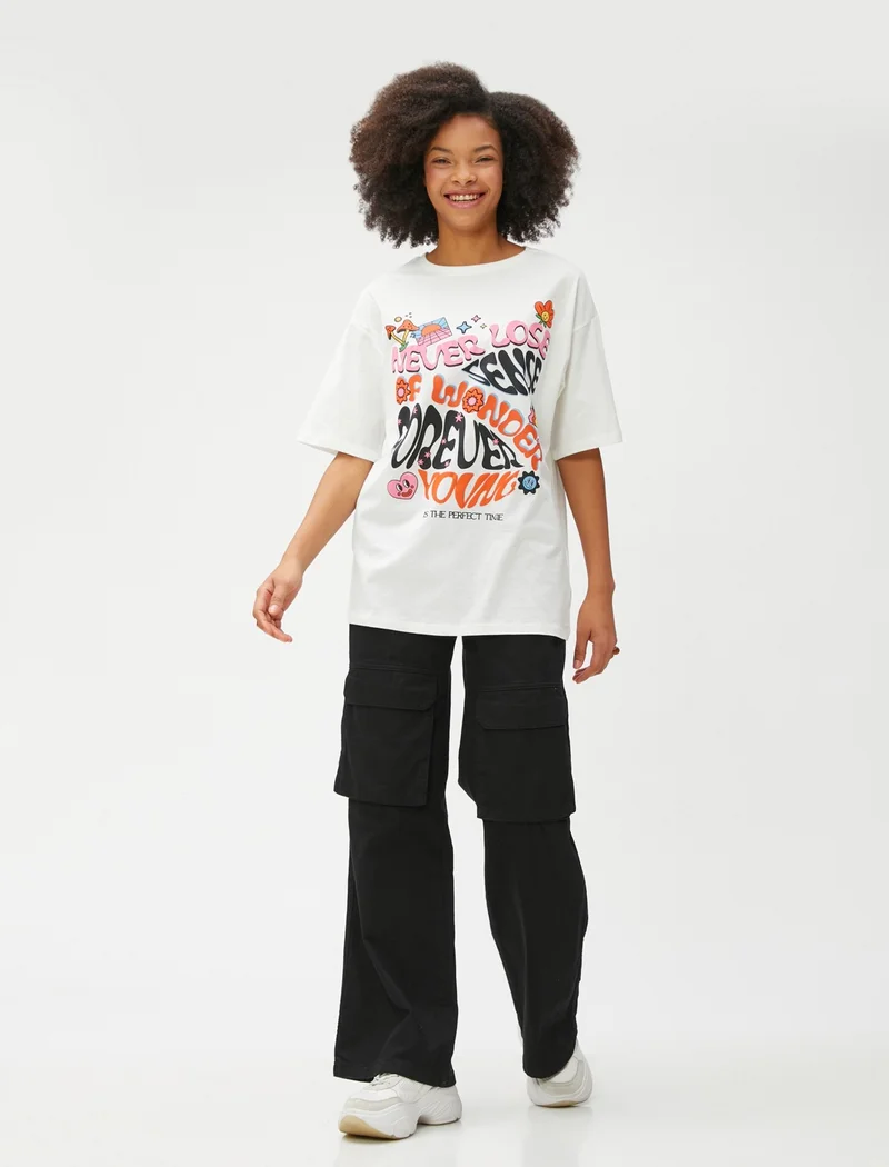 KOTON Cotton Printed T-Shirt Short Sleeve Crew Neck Cotton