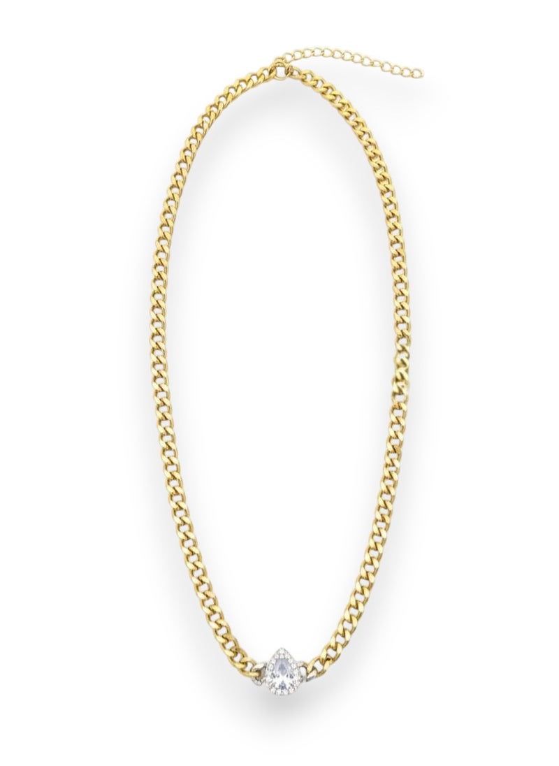 كوليه بسلسلة عريضة ومطلية باللون الذهبي ، بتعليقة كبيرة على شكل دمعة كمثرية . تتألق بمركز فضي لامع ومحاطة بهالة متلألئة - مع وصلات إضافية لضبط المقاس. - Image 1