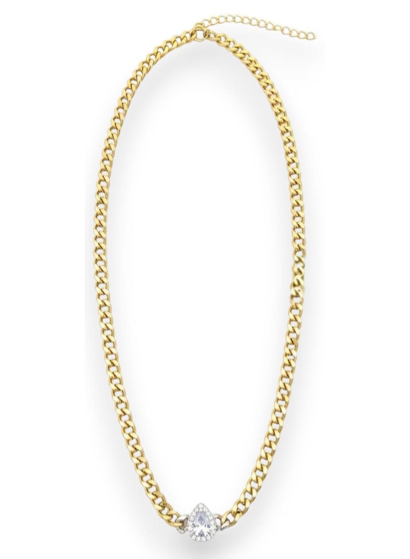 كوليه بسلسلة عريضة ومطلية باللون الذهبي ، بتعليقة كبيرة على شكل دمعة كمثرية . تتألق بمركز فضي لامع ومحاطة بهالة متلألئة - مع وصلات إضافية لضبط المقاس. - Image 1