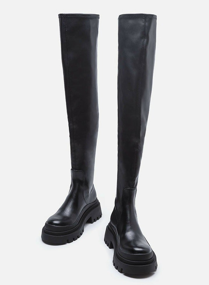 Loquat Womens Platform Thick Soled Round Toe Knee High Chunky Heel Boots Black  - Image 1