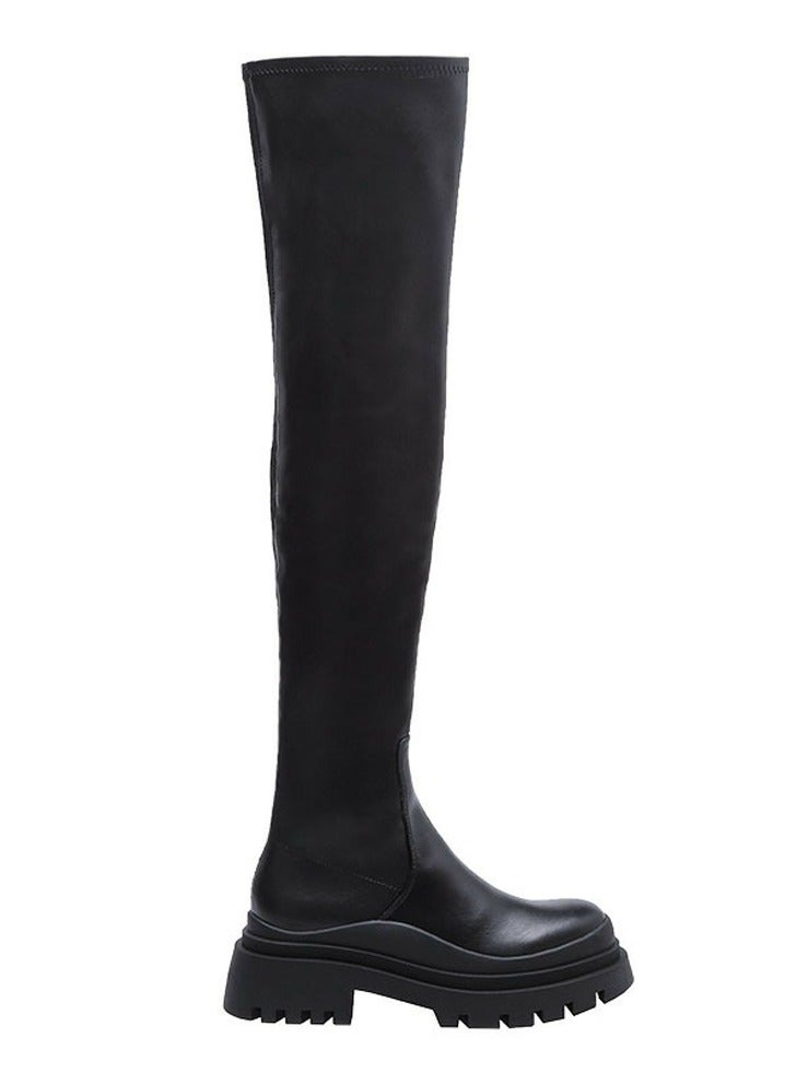 Loquat Womens Platform Thick Soled Round Toe Knee High Chunky Heel Boots Black  - Image 2