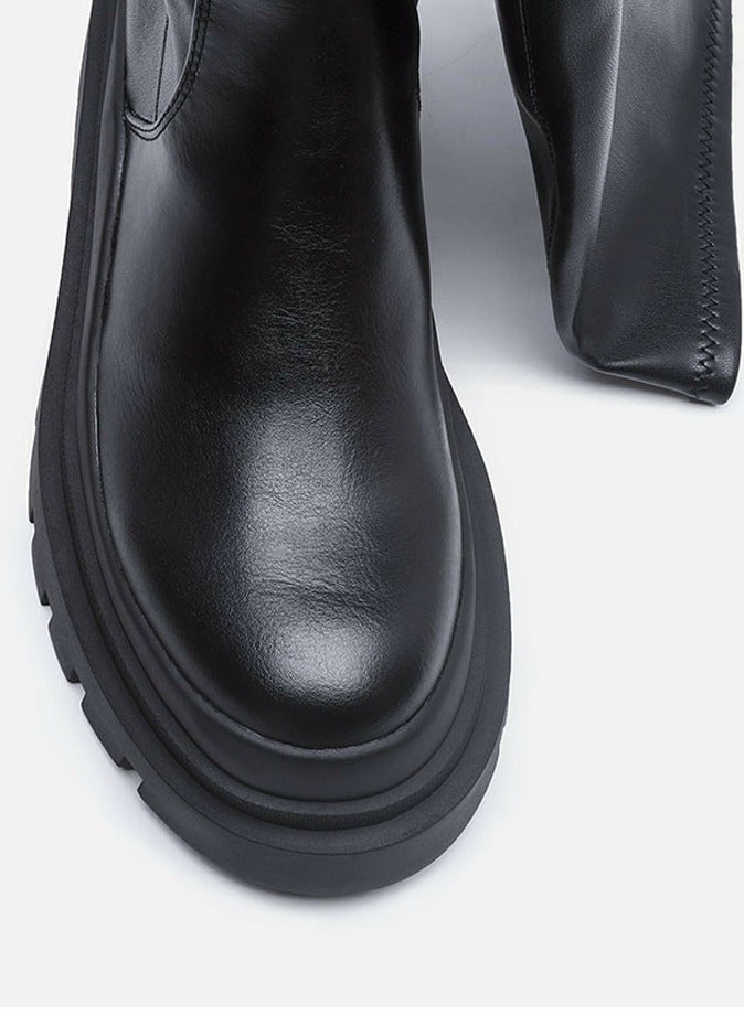Loquat Womens Platform Thick Soled Round Toe Knee High Chunky Heel Boots Black  - Image 3