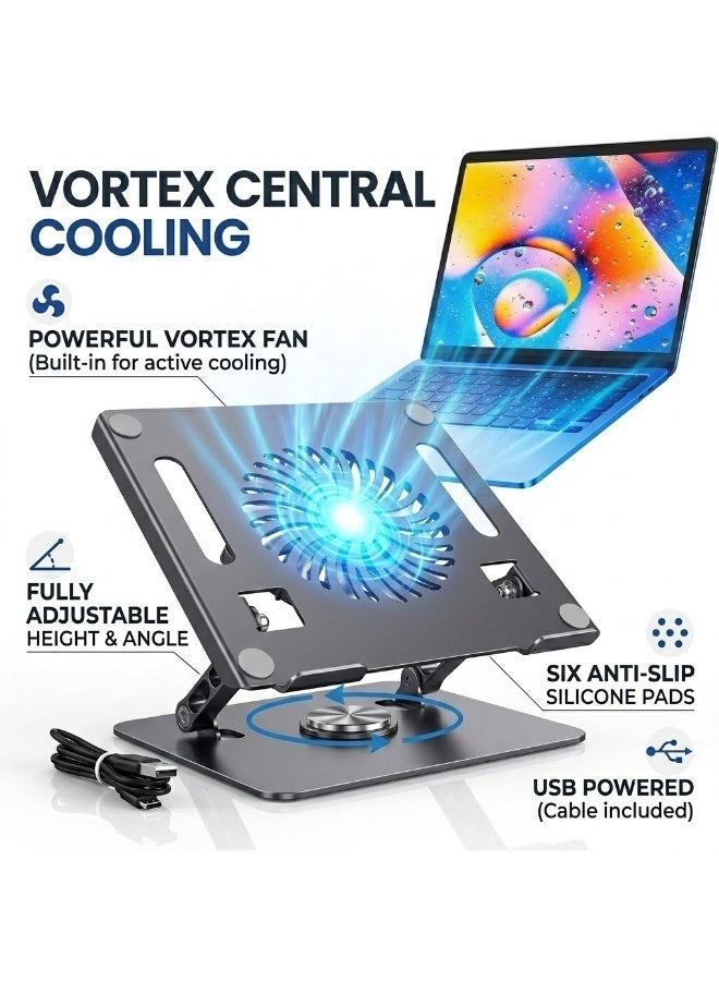 O2. Adjustable Iron Laptop Stand with Cooling Fan – Ergonomic Computer Desk Stand with Built-in USB Cooling System, Heavy-Duty Metal Laptop Holder for Office, Home Workspace, Study, and Gaming Setup - Image 1