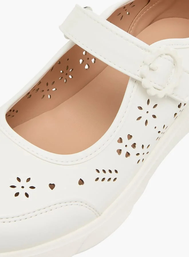 Little Missy Girls Laser Cut Detail Mary Jane Shoes with Hook and Loop Closure