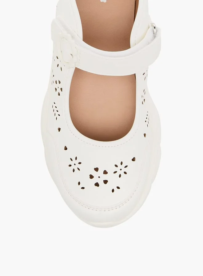 Little Missy Girls Laser Cut Detail Mary Jane Shoes with Hook and Loop Closure