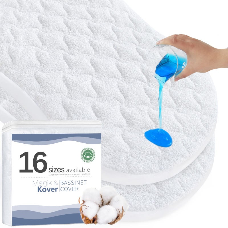 Magik & Kover غطاء وسادة سرير المهد 30" × 18" - يناسب Halo BassiNest Swivel و Glide و Flex و Luxe و Premiere Series Sleeper، واقي وسادة سرير مهد مقاوم للماء 2 عبوة، سطح قطن تيري - Image 1