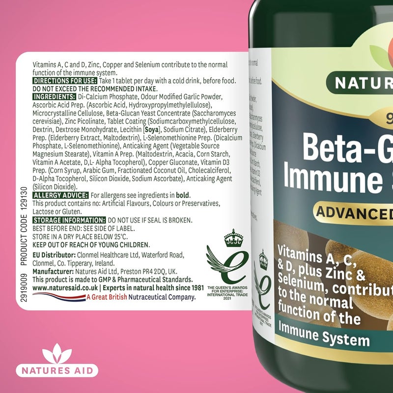 Natures Aid Beta Glucans Immune Support Supplement Vitamin C D3 A Zinc Selenium Garlic Elderberry Immune System Support for Adults Vegan Gluten Free NonGMO 90 Tablets - Image 5