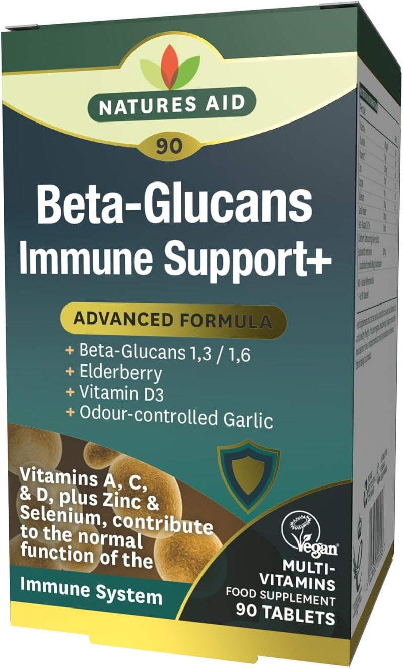 Natures Aid Beta Glucans Immune Support Supplement Vitamin C D3 A Zinc Selenium Garlic Elderberry Immune System Support for Adults Vegan Gluten Free NonGMO 90 Tablets - Image 1