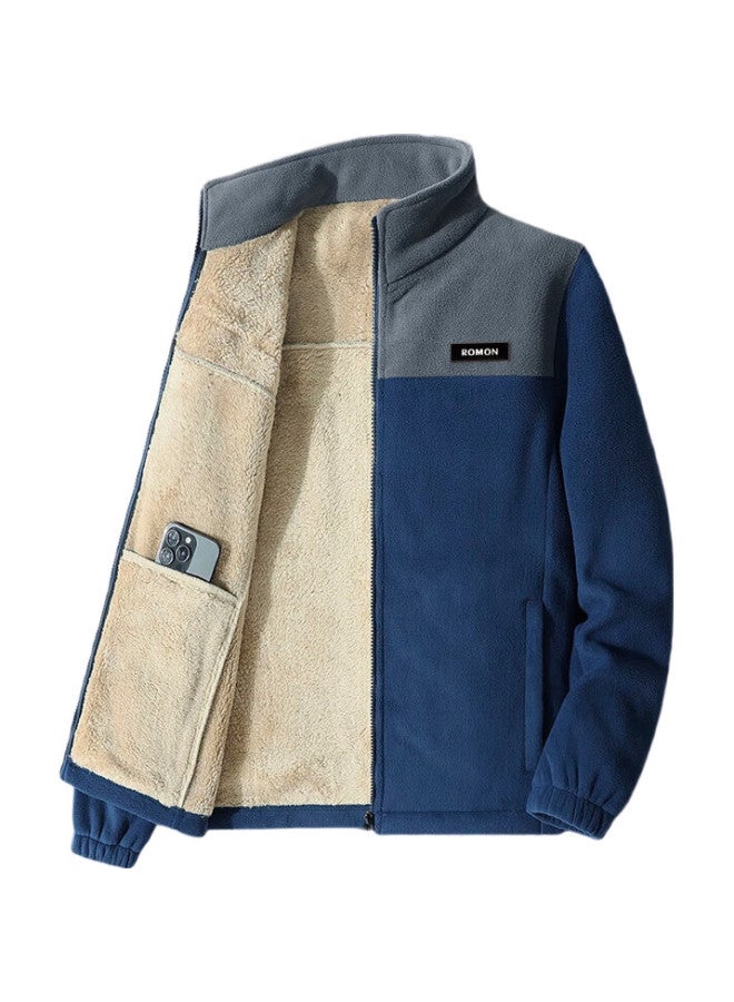 ROMON Jacket For Men, Autumn And Winter Trendy Baseball Jacket, Fleece-Lined Thick Stand-Collar Fleece Coat, Men'S Outerwear, Zr58 Blue 4Xl - Image 1