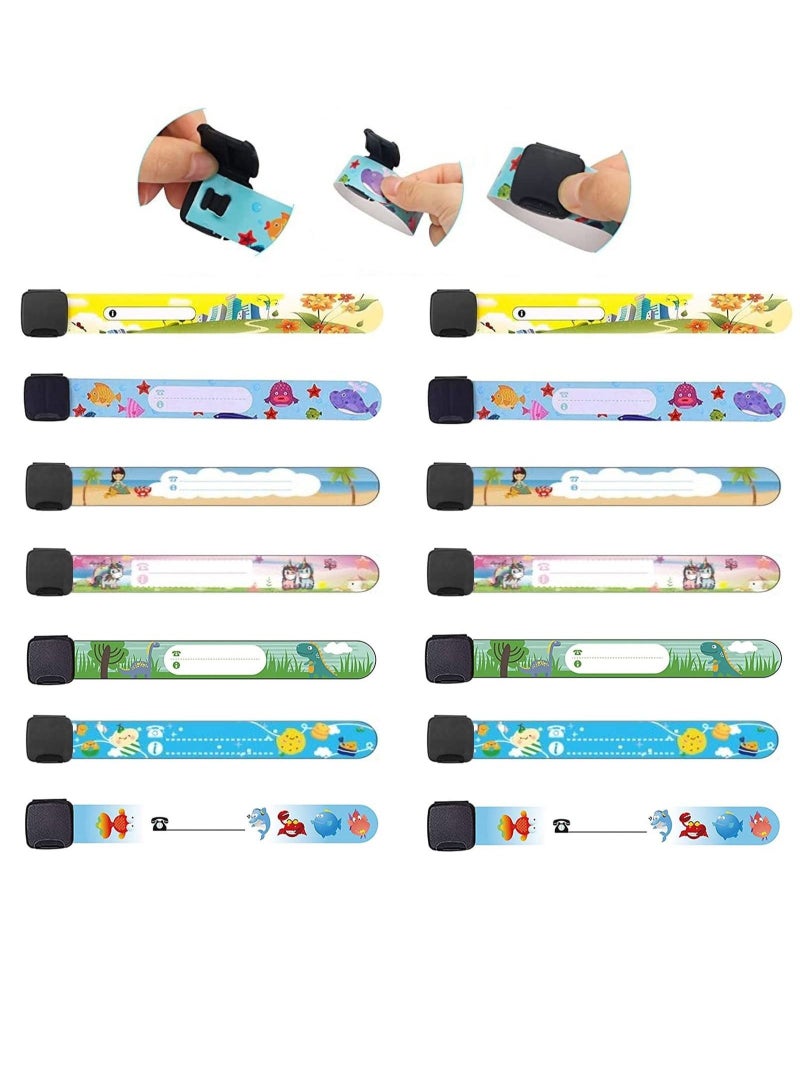 Captaintech 14 Pieces Child Safety ID Wristband Cartoon Pattern Adjustable Waterproof Bracelet Reusable Boys and Girls Outdoor Activities Anti-Lost Identification Bracelet Information Band - Image 1