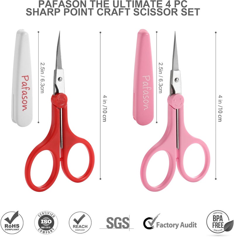 Pafason Sharp Point Craft Scissor Set 4 PC Straight Curved for Scrapbooking Quilting DIY Sewing Knitting Embroidery Cross Stitch Crochet Thread Yarn Paper Detail Cutting Stainless Steel Safety Case - Image 2
