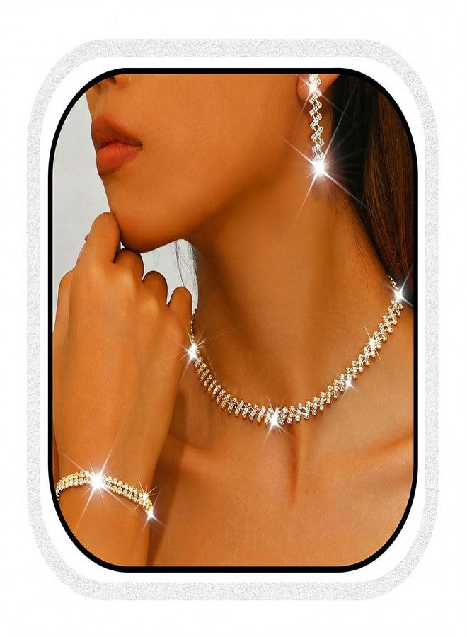 Unicra Rhinestone Bridal Wedding Jewelry Sets Gold Necklace Earrings Bracelet Set Prom Formal Costume Jewelry Set for Women and Brides (Gold) - Image 1