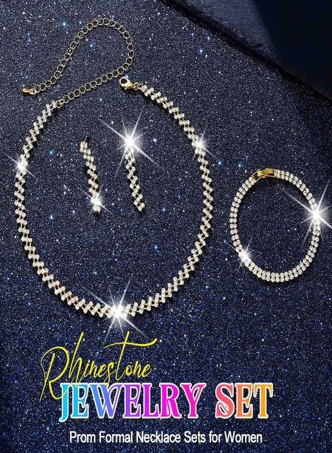 Unicra Rhinestone Bridal Wedding Jewelry Sets Gold Necklace Earrings Bracelet Set Prom Formal Costume Jewelry Set for Women and Brides (Gold) - Image 2