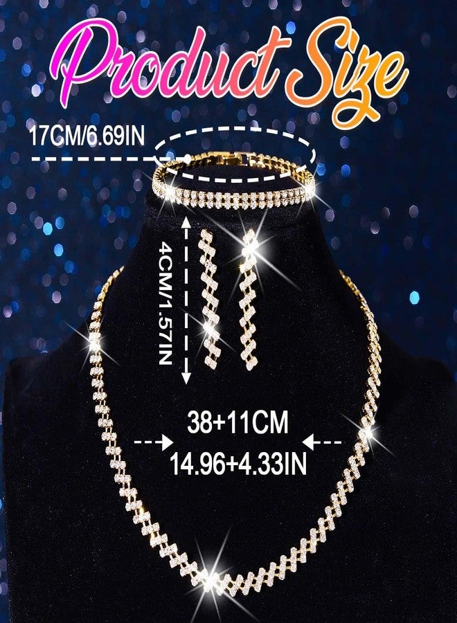 Unicra Rhinestone Bridal Wedding Jewelry Sets Gold Necklace Earrings Bracelet Set Prom Formal Costume Jewelry Set for Women and Brides (Gold) - Image 5