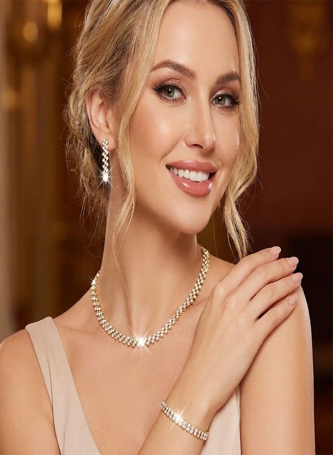 Unicra Rhinestone Bridal Wedding Jewelry Sets Gold Necklace Earrings Bracelet Set Prom Formal Costume Jewelry Set for Women and Brides (Gold) - Image 4