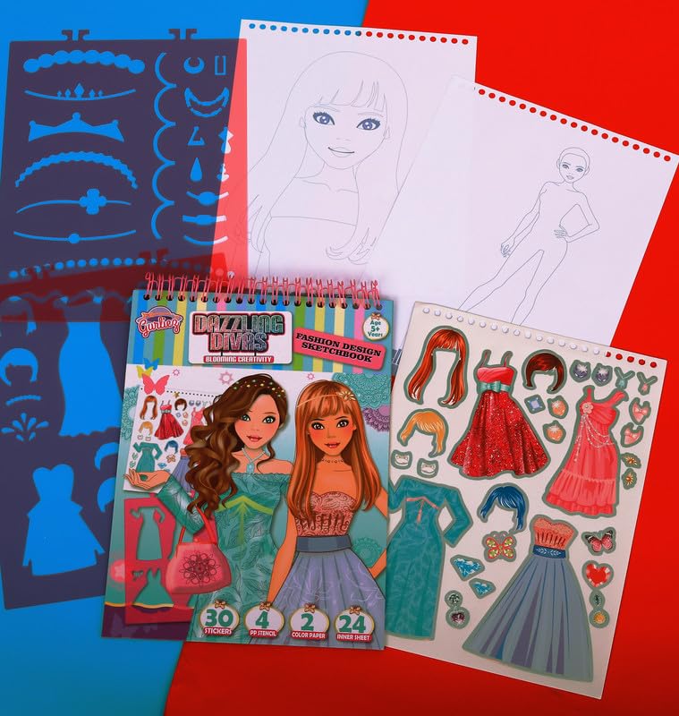 STRIDERS دفتر تصميم الأزياء دازلينغ ديفاز من سترايدر مع مجموعة مصممي الأزياء النهائية مع ورقة ملصقات، 4 قوالب PP، 2 ورقة ملونة، 24 ورقة داخلية - Image 4