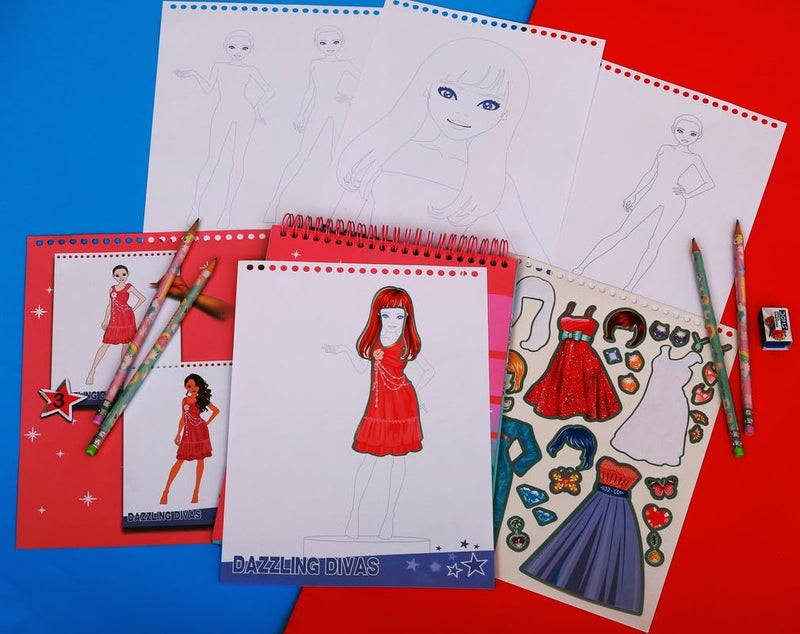 STRIDERS دفتر تصميم الأزياء دازلينغ ديفاز من سترايدر مع مجموعة مصممي الأزياء النهائية مع ورقة ملصقات، 4 قوالب PP، 2 ورقة ملونة، 24 ورقة داخلية - Image 2