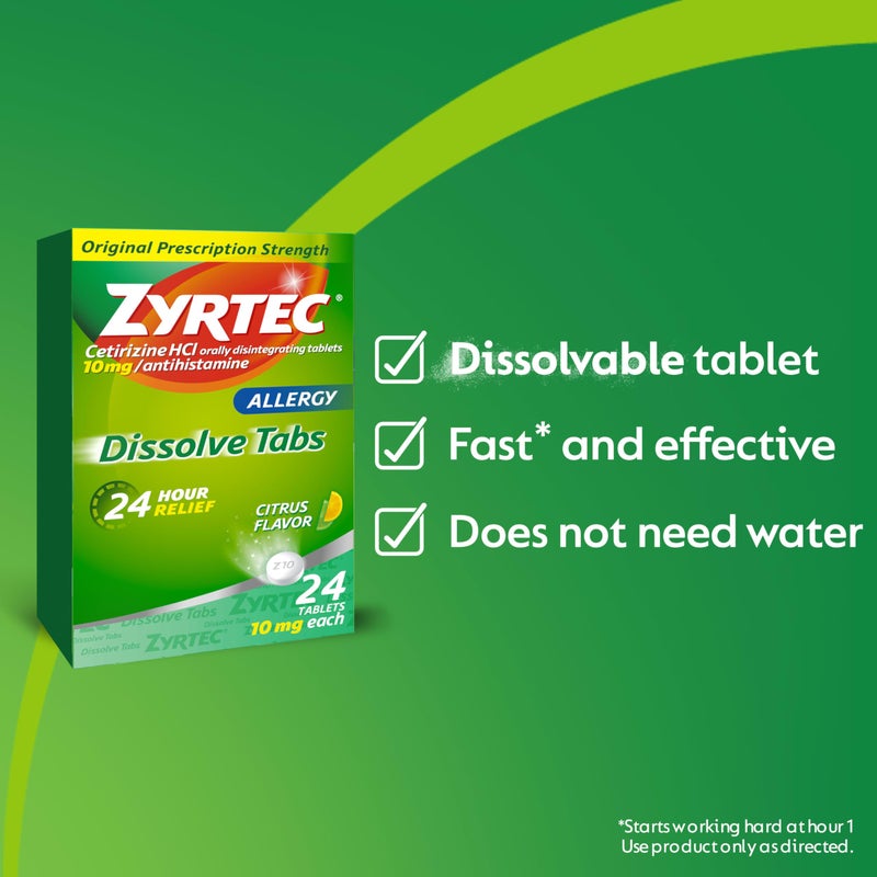ZYRTEC أقراص زيرتيك 24 ساعة لتخفيف الحساسية القابلة للذوبان مع 10 ملغ سيتيريزين هيدروكلوريد مضاد الهيستامين، دواء الحساسية لتخفيف الحساسية الناتجة عن حبوب اللقاح من الأعشاب والأشجار، بنكهة الحمضيات، 24 حبة - Image 5