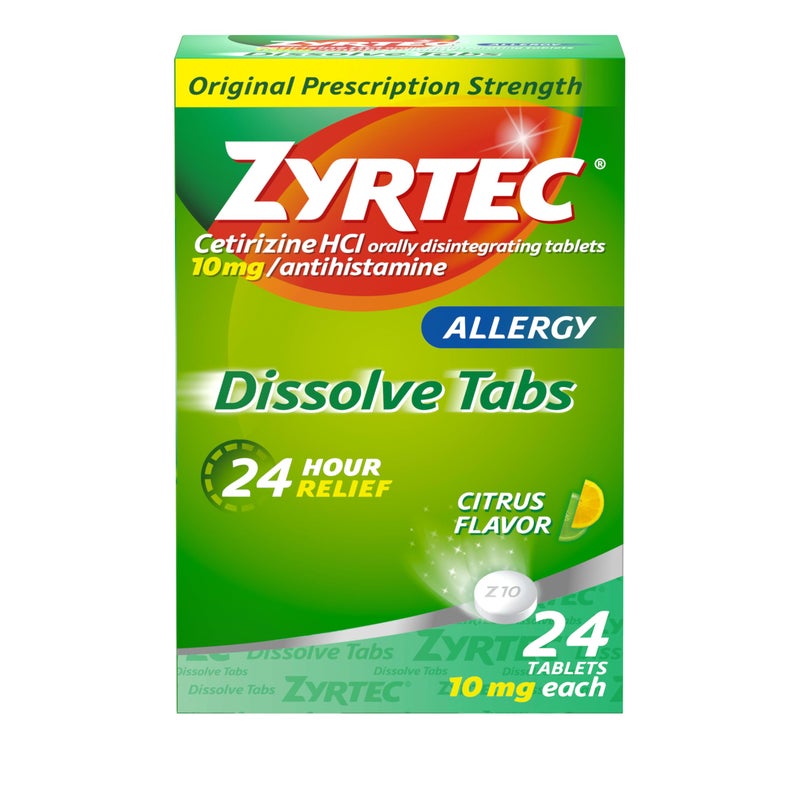 ZYRTEC أقراص زيرتيك 24 ساعة لتخفيف الحساسية القابلة للذوبان مع 10 ملغ سيتيريزين هيدروكلوريد مضاد الهيستامين، دواء الحساسية لتخفيف الحساسية الناتجة عن حبوب اللقاح من الأعشاب والأشجار، بنكهة الحمضيات، 24 حبة - Image 1