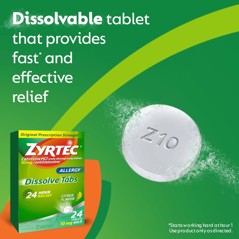 ZYRTEC أقراص زيرتيك 24 ساعة لتخفيف الحساسية القابلة للذوبان مع 10 ملغ سيتيريزين هيدروكلوريد مضاد الهيستامين، دواء الحساسية لتخفيف الحساسية الناتجة عن حبوب اللقاح من الأعشاب والأشجار، بنكهة الحمضيات، 24 حبة - Image 2