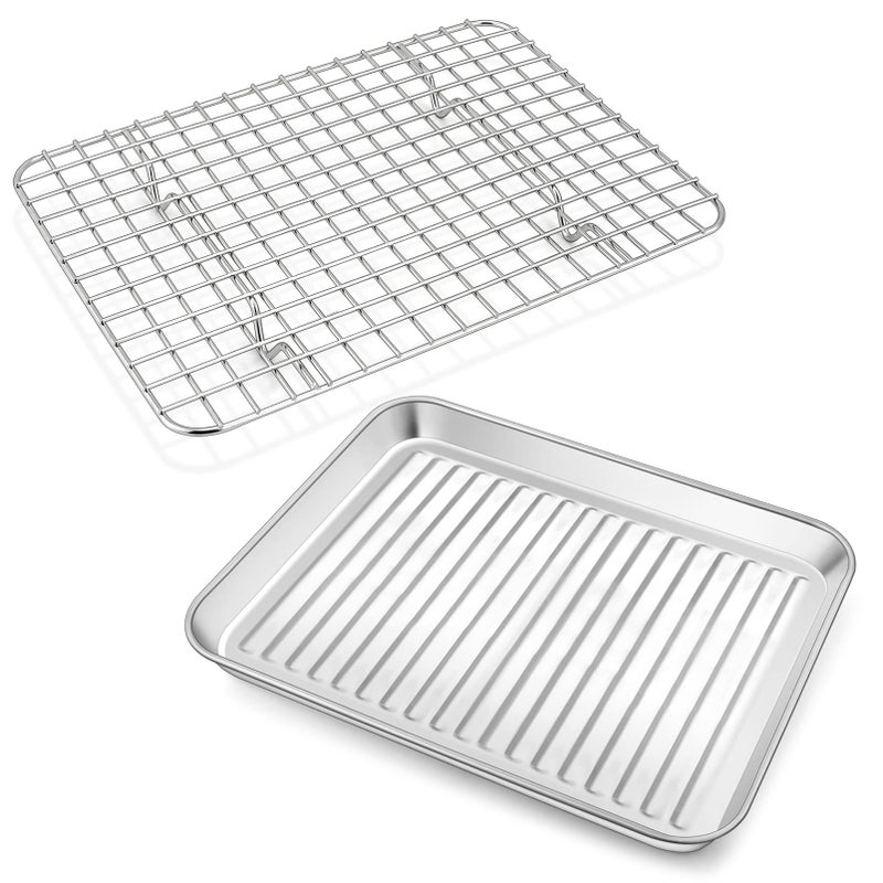 PP CHEF Toaster Oven Pan with Wire Rack Stainless Steel Baking Oven Sheet Tray Bacon Pan and Cooling Rack for Cooking Roasting Cookie Dishwasher Safe  Easy Clean 9 x 7 x 1 Inch