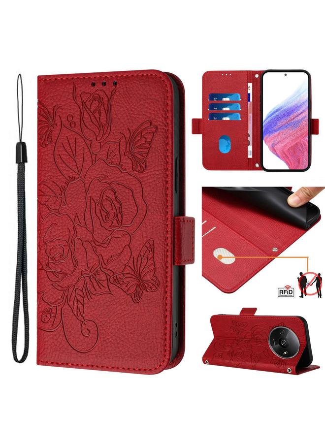 The Bros Case For Redmi A3 / Xiaomi Poco C61 4G Global Embossed Rose RFID Anti-theft Leather Phone Case