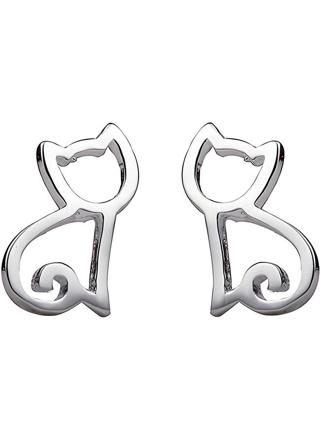 ERZA SCARLET S925 Sterling Silver Cat Stud Earrings For Women - Hypoallergenic Hollow Out Cat Stud Earrings For Women  - Image 1