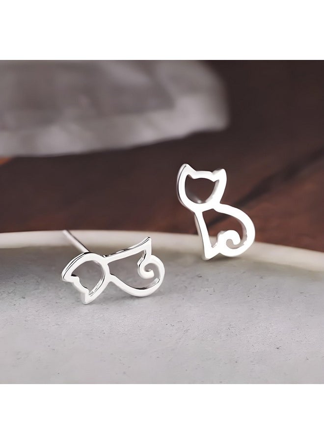 ERZA SCARLET S925 Sterling Silver Cat Stud Earrings For Women - Hypoallergenic Hollow Out Cat Stud Earrings For Women  - Image 5
