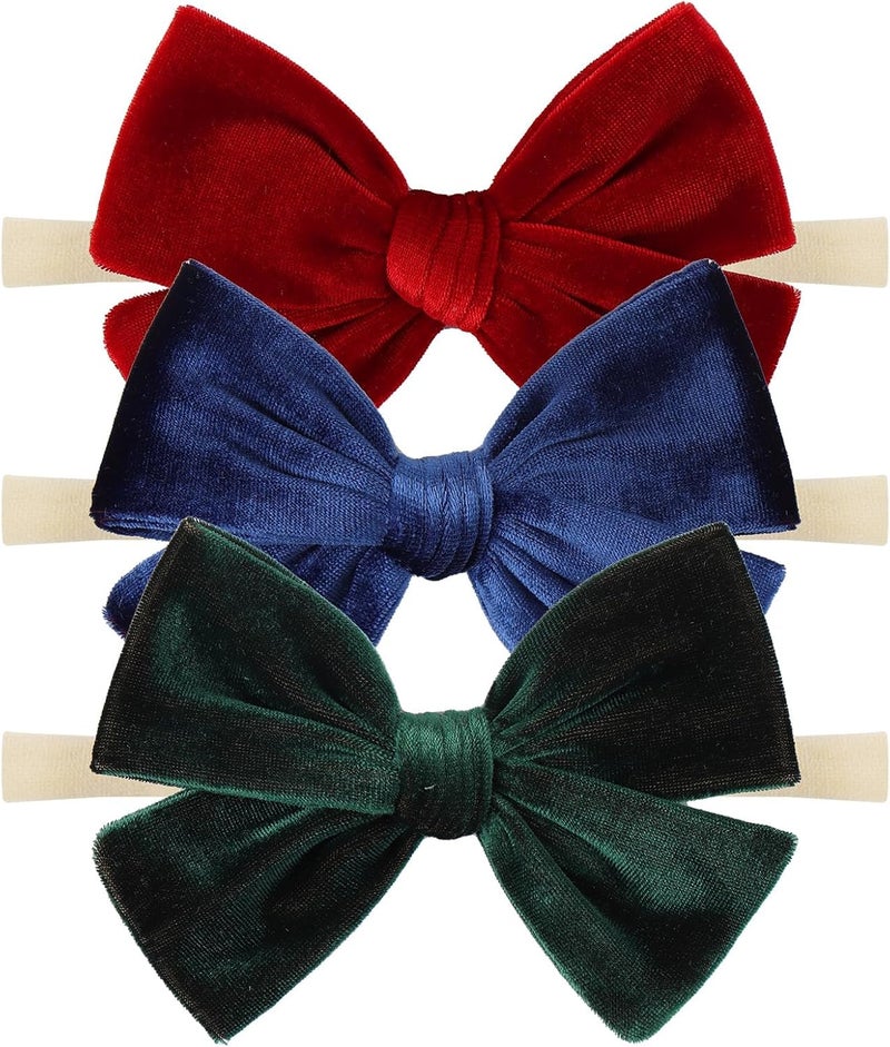 ONENINEDREAM 4'' Baby Velvet Gloss Bows Handmade Headbands Tied Bow Elastic Nylon Hair Accessories for Baby Girls Newborn Infant 3 Pcs Red Royal Blue Dark Green - Image 1
