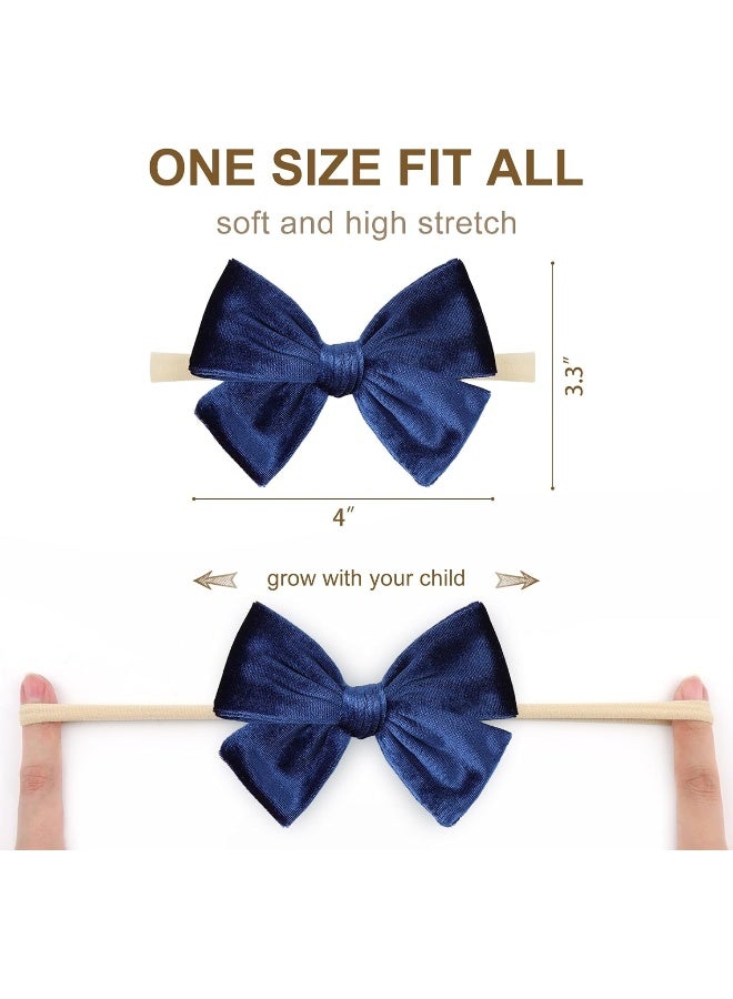 ONENINEDREAM 4'' Baby Velvet Gloss Bows Handmade Headbands Tied Bow Elastic Nylon Hair Accessories for Baby Girls Newborn Infant 3 Pcs Red Royal Blue Dark Green - Image 4