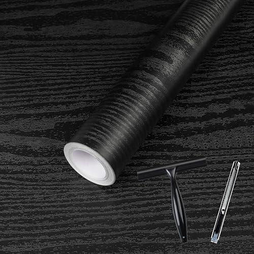 Abyssaly Black Wood Grain Contact Paper Peel and Stick Wallpaper Wooden Look SelfAdhesive Thicken Wallpaper Vinyl Wrap for Cabinets Countertops Shelf with Scraper Paper Cutter 177 x 118