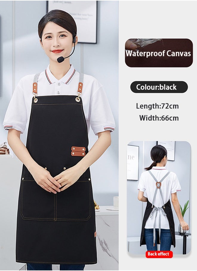 HOOPZOZA 1PCS Cross Back Apron with Adjustable Straps and Large Pockets Canvas Waterproof Fabric Chef Apron Kitchen Cooking Baking Hairstylist Woodworking Welding Carpenter Work Bib Apron Black  - Image 2
