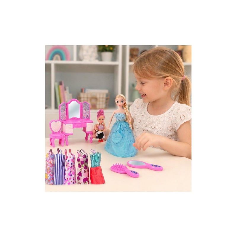 مجموعة ألعاب الموضة | مجموعة دمى أميرة الثلج للبنات، مع طاولة تزيين، دمية صغيرة، ملابس وإكسسوارات - Image 4