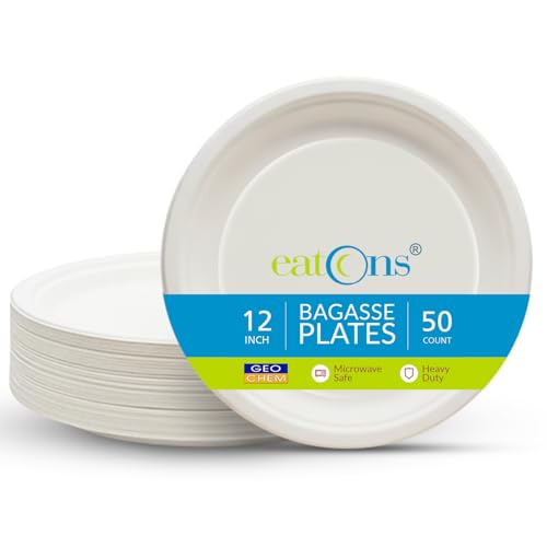 EATONS 12 inch, 50 Pack Disposable Bagasse Plates | Eco-Friendly, Disposable Plates Big Size | Dinner Paper Plates | Birthday, Wedding & Party | Round, White (30 cm) - Image 1