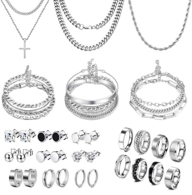 FEYIR 33 Pcs Jewelry Set for Men Stainless Steel Band Ring Cuban Link Necklace Bracelet Hoop Stud Earrings Mens Jewelry Set - Image 1