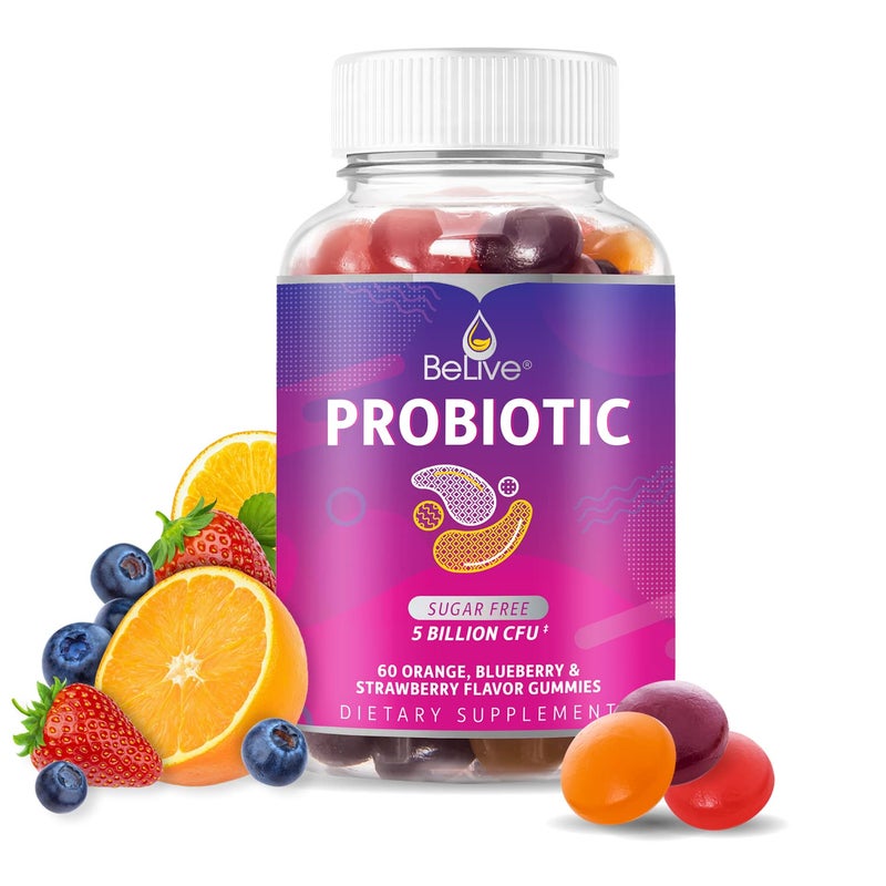 BeLive Probiotic Gummies Probiotics with 5 Billion CFUs for Digestive Health Men Women Kids for Immune Support Sugar Free Vegan 60 Ct Blueberry Strawberry Orange - Image 1