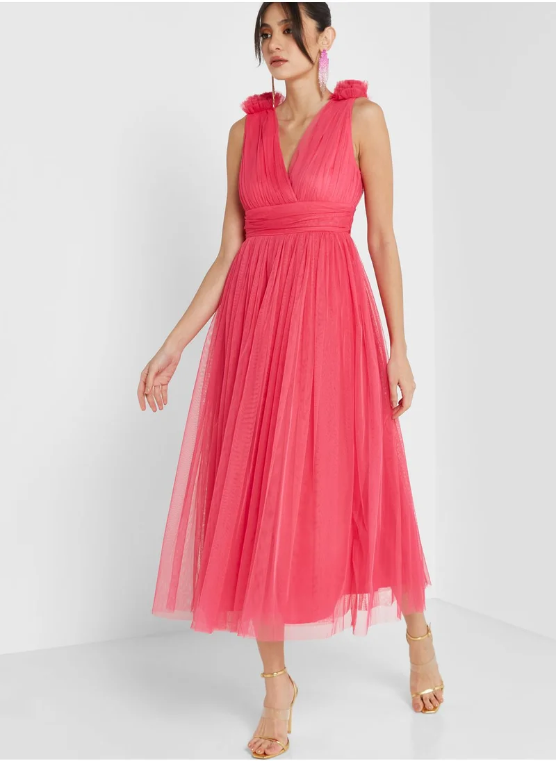 Anaya With Love Surplice Neck Mesh Pleated Dress