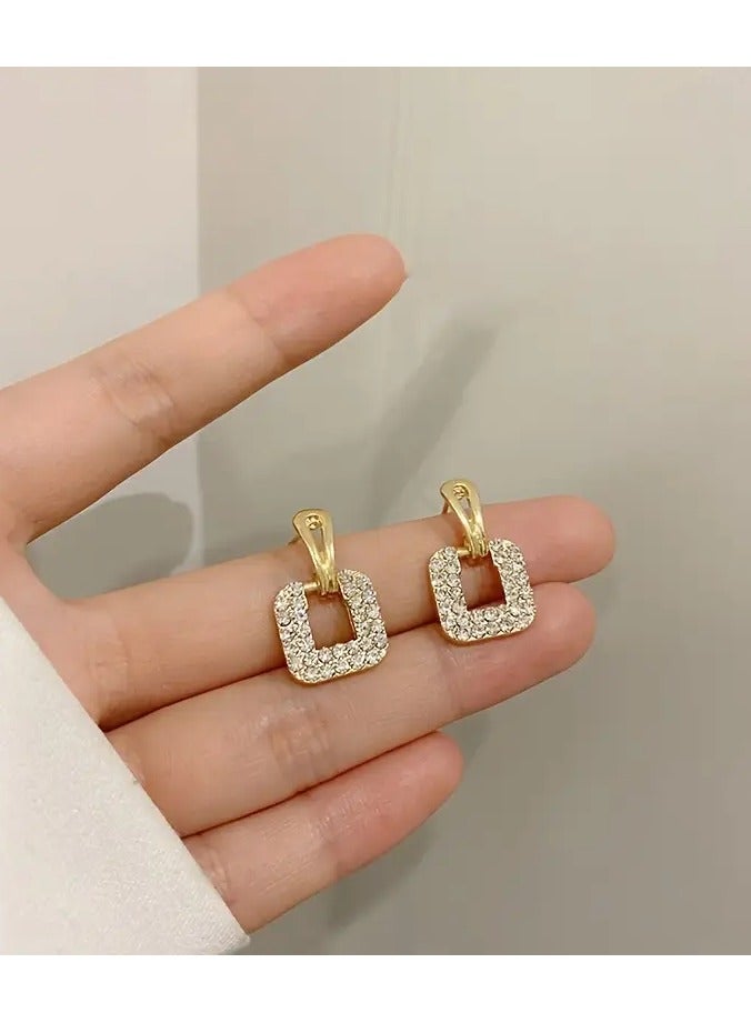 Home Clearance Sale Unique Hollow Square Design Stud Earrings Alloy Jewelry Embellished With Rhinestones Elegant Korean Style Female Daily Wear - Image 3