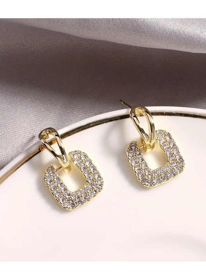 Home Clearance Sale Unique Hollow Square Design Stud Earrings Alloy Jewelry Embellished With Rhinestones Elegant Korean Style Female Daily Wear - Image 4