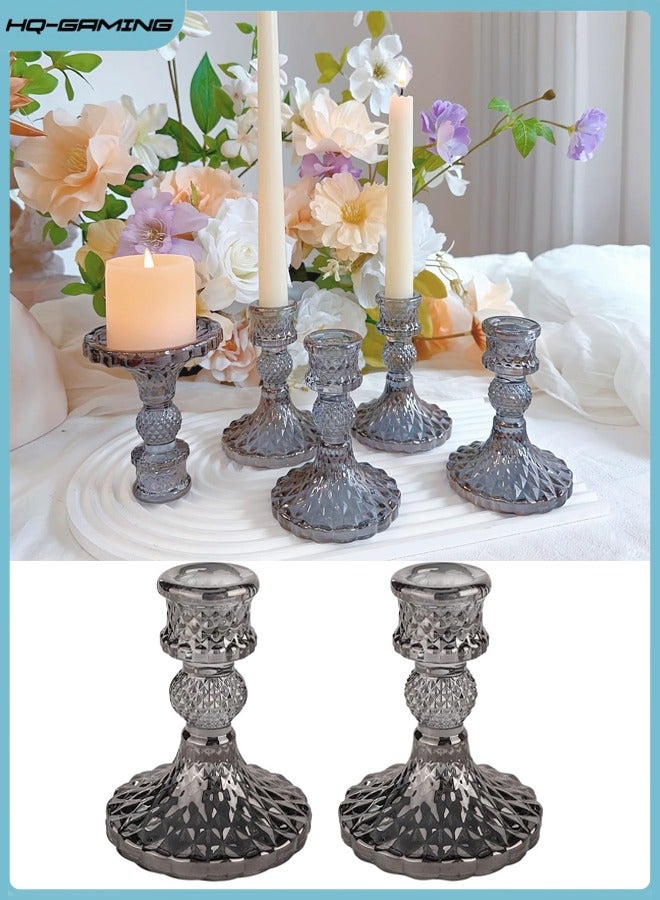 HQ-GAMING Taper Candle Holders Set of 2, Clear Glass Candlestick Holder Fit 0.8 Inch Candles, 4 Inch Tall Crystal Decorative Candle Stand Centerpiece for Table Wedding Dinning Party (Grey) - Image 1