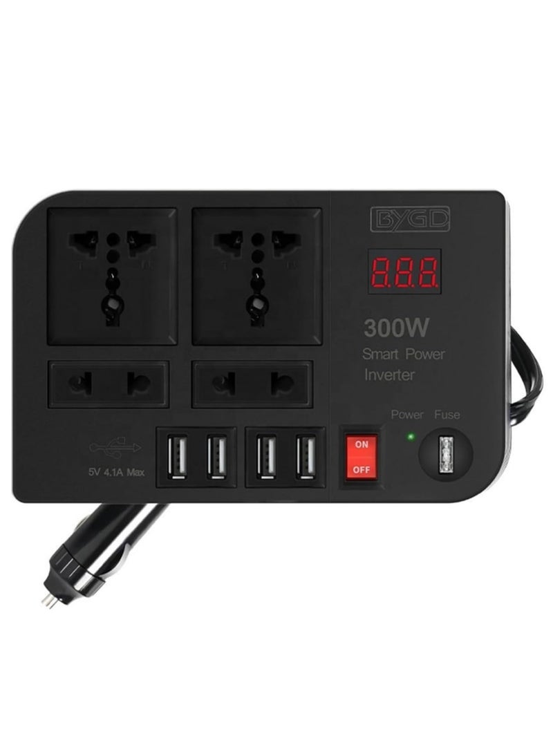 ELTRAZONE محول طاقة السيارة 300 واط DC 12V/24V إلى 220V AC مع 4 منافذ USB للشحن السريع و 2 مقبس عالمي مع شاشة LED متعددة الوظائف - Image 3