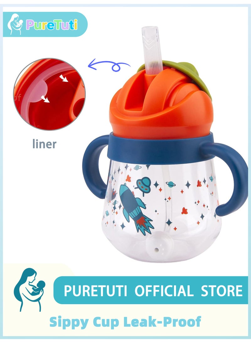 PureTuti Sippy Cup for Baby, Sippy Cup for Baby 6-12 Months, Weighted Straw Non Spill Cup for Toddlers, Baby Straw Cup with Handles, Spill-Proof, Leak-Proof Soft Spout Cup 260ml, BPA Free (Blue) - Image 1