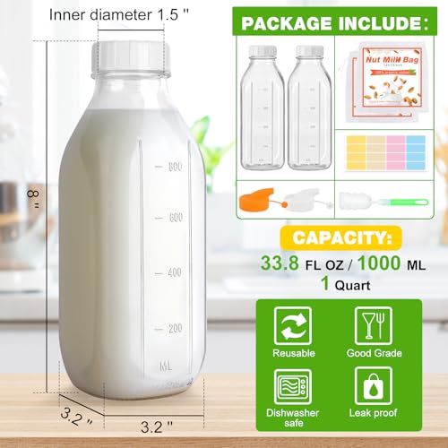 CARBLIN 32 Oz Glass Milk Bottles, 2 Pack Scale Mark Drinking Jug with 2 Nut Milk Bags& Airtight Screw Lid & Silicone Pour Cap& Stickers, 1 Quart Reusable Juice Bottle Water Pitcher for Coffee Yogurt - Image 2