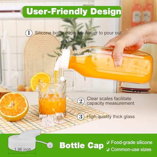 CARBLIN 32 Oz Glass Milk Bottles, 2 Pack Scale Mark Drinking Jug with 2 Nut Milk Bags& Airtight Screw Lid & Silicone Pour Cap& Stickers, 1 Quart Reusable Juice Bottle Water Pitcher for Coffee Yogurt - Image 3