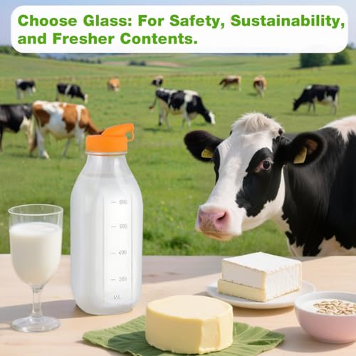 CARBLIN 32 Oz Glass Milk Bottles, 2 Pack Scale Mark Drinking Jug with 2 Nut Milk Bags& Airtight Screw Lid & Silicone Pour Cap& Stickers, 1 Quart Reusable Juice Bottle Water Pitcher for Coffee Yogurt - Image 5