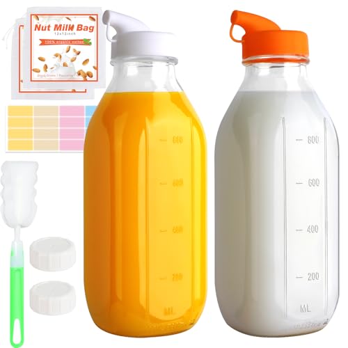 CARBLIN 32 Oz Glass Milk Bottles, 2 Pack Scale Mark Drinking Jug with 2 Nut Milk Bags& Airtight Screw Lid & Silicone Pour Cap& Stickers, 1 Quart Reusable Juice Bottle Water Pitcher for Coffee Yogurt - Image 1