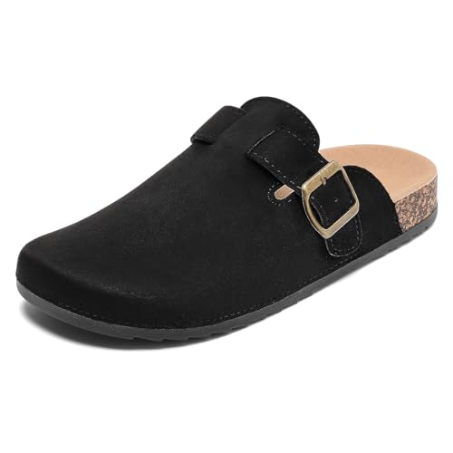 DDXYYDS Suede Clogs Men & Women Unisex Leather Mules Soft Cork Footbed Adjustable Buckle Slip Sandals Potato Shoes with Arch Support Black - Image 1