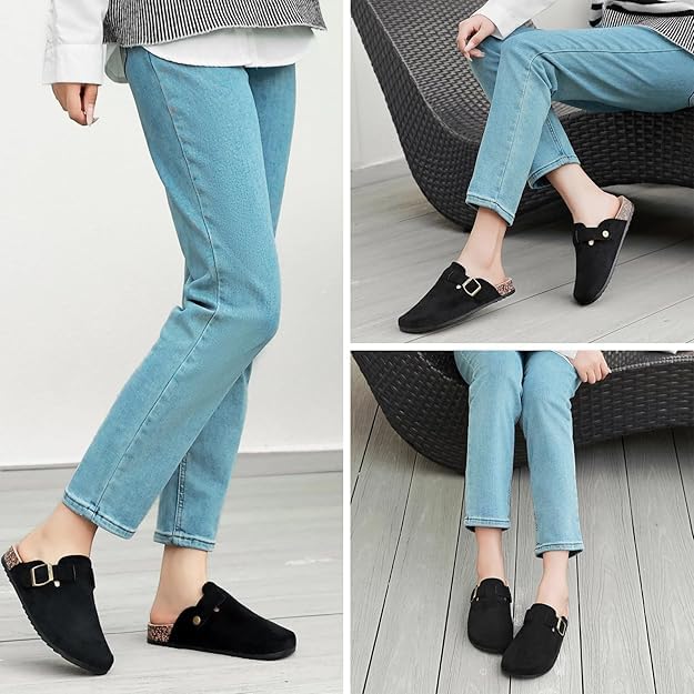 DDXYYDS Suede Clogs Men & Women Unisex Leather Mules Soft Cork Footbed Adjustable Buckle Slip Sandals Potato Shoes with Arch Support Black - Image 5